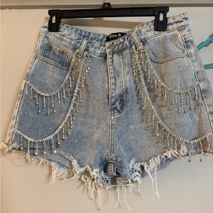 Women's Light Blue Denim Shorts with Fringe Detail